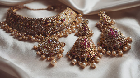 jewelry and bijouterie set on white silk backgroundの素材