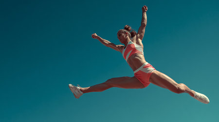 Athletic female athlete jumping against blue sky in a sunny dayの素材