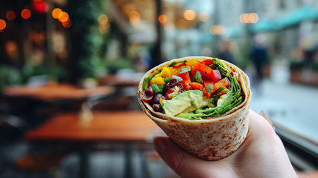 Tortilla wrap with salad in hand on the background of the streetの素材