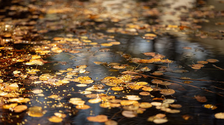 Fallen leaves on the surface of the water in the autumn parkの素材