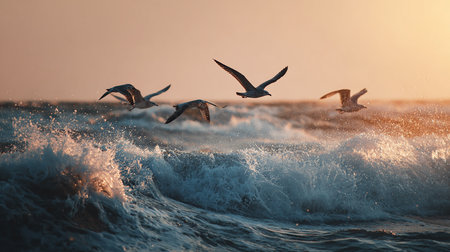 Seagulls flying over the sea at sunset. Beautiful seascapeの素材