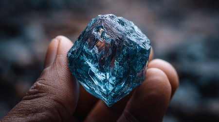 Close up of hand holding a blue gemstone on dark background.の素材