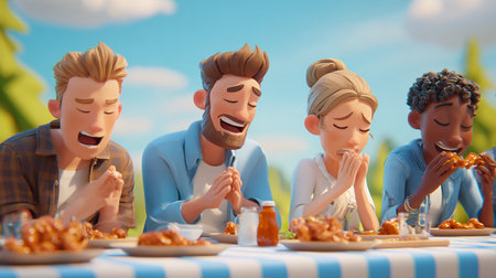 3D rendering of a group of friends sitting at a picnic tableの素材