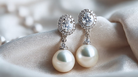 Jewelry. Earrings with white pearls on satin backgroundの素材