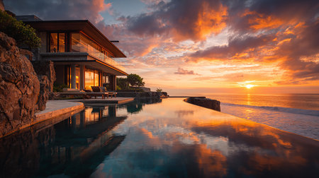 Beautiful luxury villa with infinity swimming pool at sunrise time.の素材