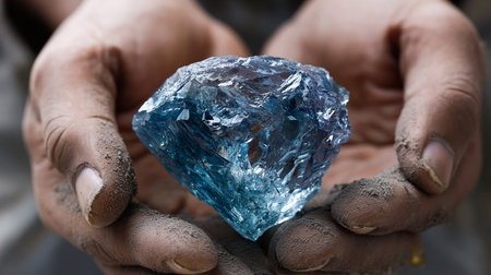 closeup of a senior caucasian man holding a blue diamondの素材