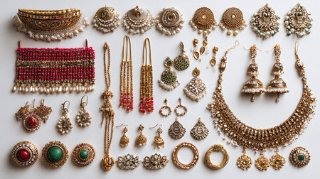 Set of jewellery on white background. Top view. Flat lay.の素材