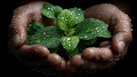 Closeup of human hands holding fresh green basil plant with water drops on black backgroundの素材