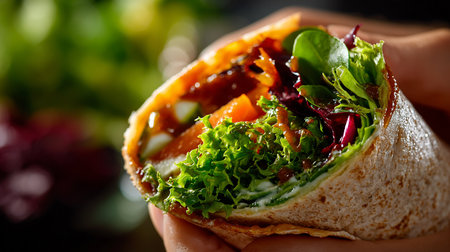 Tortilla wrap with salmon and vegetables in woman's hand.の素材