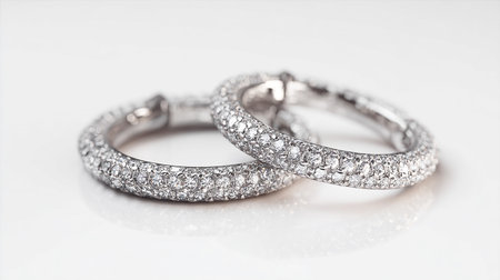 wedding rings with diamonds on a white background, close upの素材