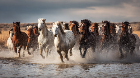 Herd of horses running in water on a sunny day in winterの素材