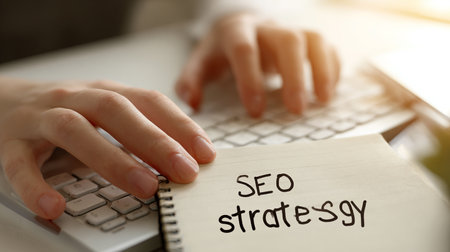 SEO Strategy text on notepad. Search engine optimization concept.の素材