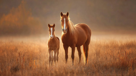 Horse and foal on the meadow at sunrise in autumnの素材