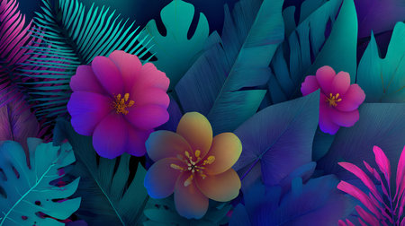 Tropical background with exotic flowers and leaves. Vector illustration.の素材