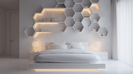 Modern bedroom interior design with white walls, concrete floor, comfortable king size bed and bookcase. 3d renderの素材