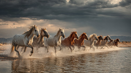 Herd of white horses running in the water on a stormy dayの素材