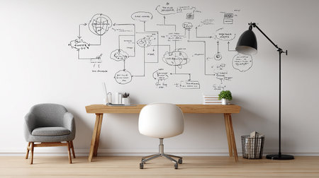 Interior of modern office with white walls, wooden floor, white computer table with gray armchairs and sketch on the wall. 3d renderingの素材