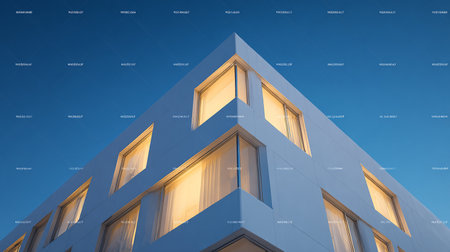 3d illustration of a modern apartment building with windows and blindsの素材