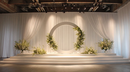 wedding arch with white curtains and flowers in the interior of the roomの素材