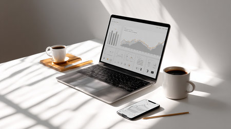Laptop with financial chart on screen and coffee cup on white tableの素材