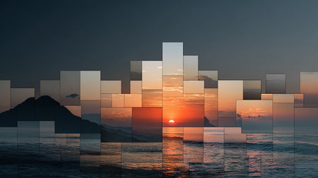 Double exposure of sunset over the sea and mountains. Collage.の素材