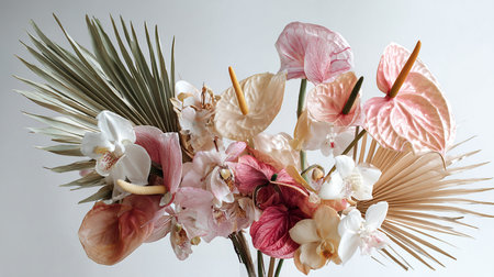 Bouquet of tropical flowers and palm leaves on a white backgroundの素材