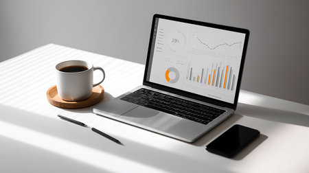 Laptop and coffee cup on white table with business graph on screenの素材