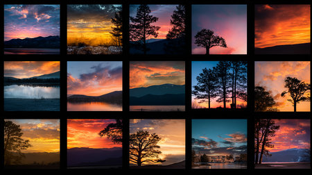 A collage of photos of a beautiful sunset in the mountains.の素材