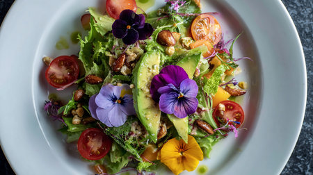 Salad with avocado, cherry tomatoes and edible flowers on a plateの素材