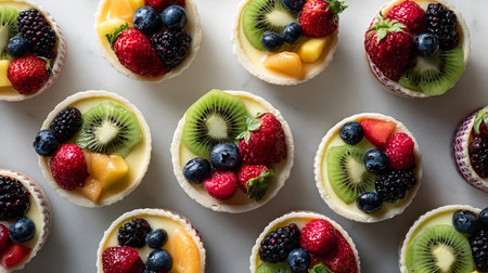Fresh fruit tartlets with strawberries, blueberries and kiwiの素材