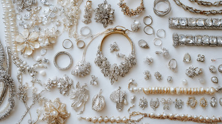 Jewelry background. Set of jewelry on white background. Flat lay, top view.の素材
