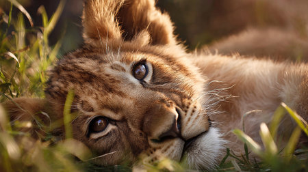 Lion cub lying in the grass looking into the camera with a serious expressionの素材