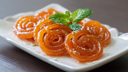 Dried apricots on a white plate with mint leaves.の素材