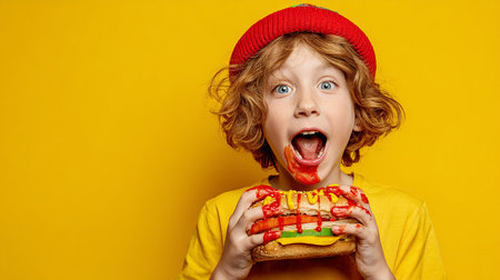 Portrait of funny little boy in red hat and yellow t-shirt eating burger on yellow backgroundの素材