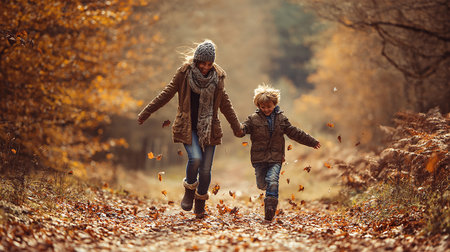 Mother and son walking in autumn forest. Happy family spending time together.の素材