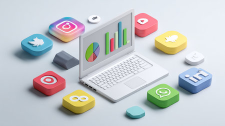 Laptop with colorful application icons on the white background. 3d renderingの素材