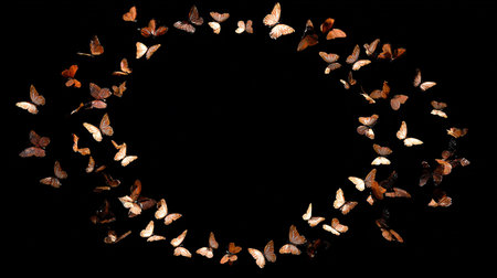 butterflies on a black background in the form of a circleの素材