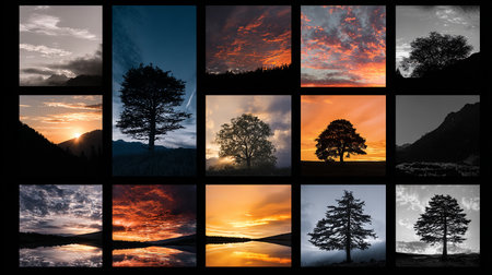 Collage of nature photos with a silhouette of a pine tree at sunsetの素材