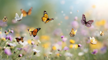 Butterflies flying on flower meadow. Beautiful nature scene.の素材