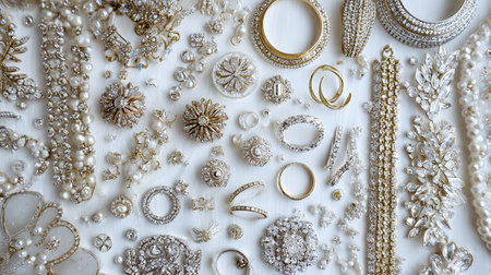 jewelry and accessories on white wooden background, top view.の素材