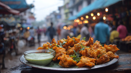 Deep fried chicken nuggets with sauce on the street in Kathmandu, Nepalの素材