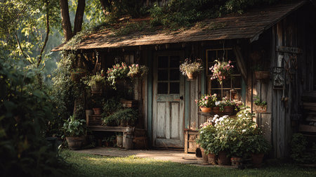 Old wooden house with flower pots in the garden. Vintage style.の素材