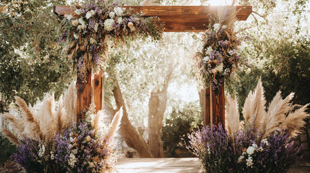 Wedding arch decorated with flowers in the forest. Wedding ceremonyの素材