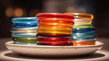 Close up of a stack of colorful bracelets on a white plateの素材