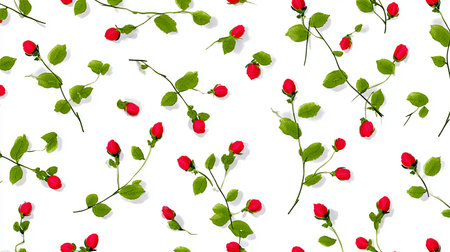 Red rose flowers on white background. Flat lay, top view.の素材