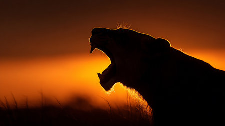 Lioness roaring at sunset in Kruger National Park, South Africa ; Specie Panthera leo family of Felidaeの素材
