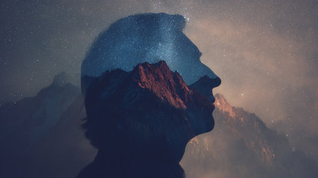 Double exposure of silhouette of man and starry sky. Collage.の素材