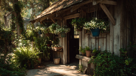 Old wooden house with green plants in the garden. Vintage style.の素材