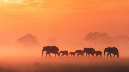 Silhouette of elephants in a misty morning at sunrise.の素材