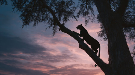 Silhouette of a panther climbing on a tree at sunsetの素材